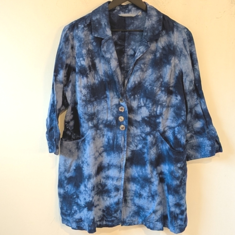 Soft Surroundings Blue Tie Dye Eza 100% Linen Button Up Shirt Jacket Boho Large